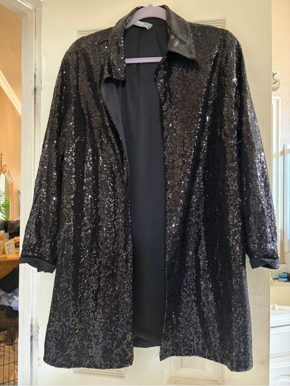 Black Sequin Longline Blazer Jacket